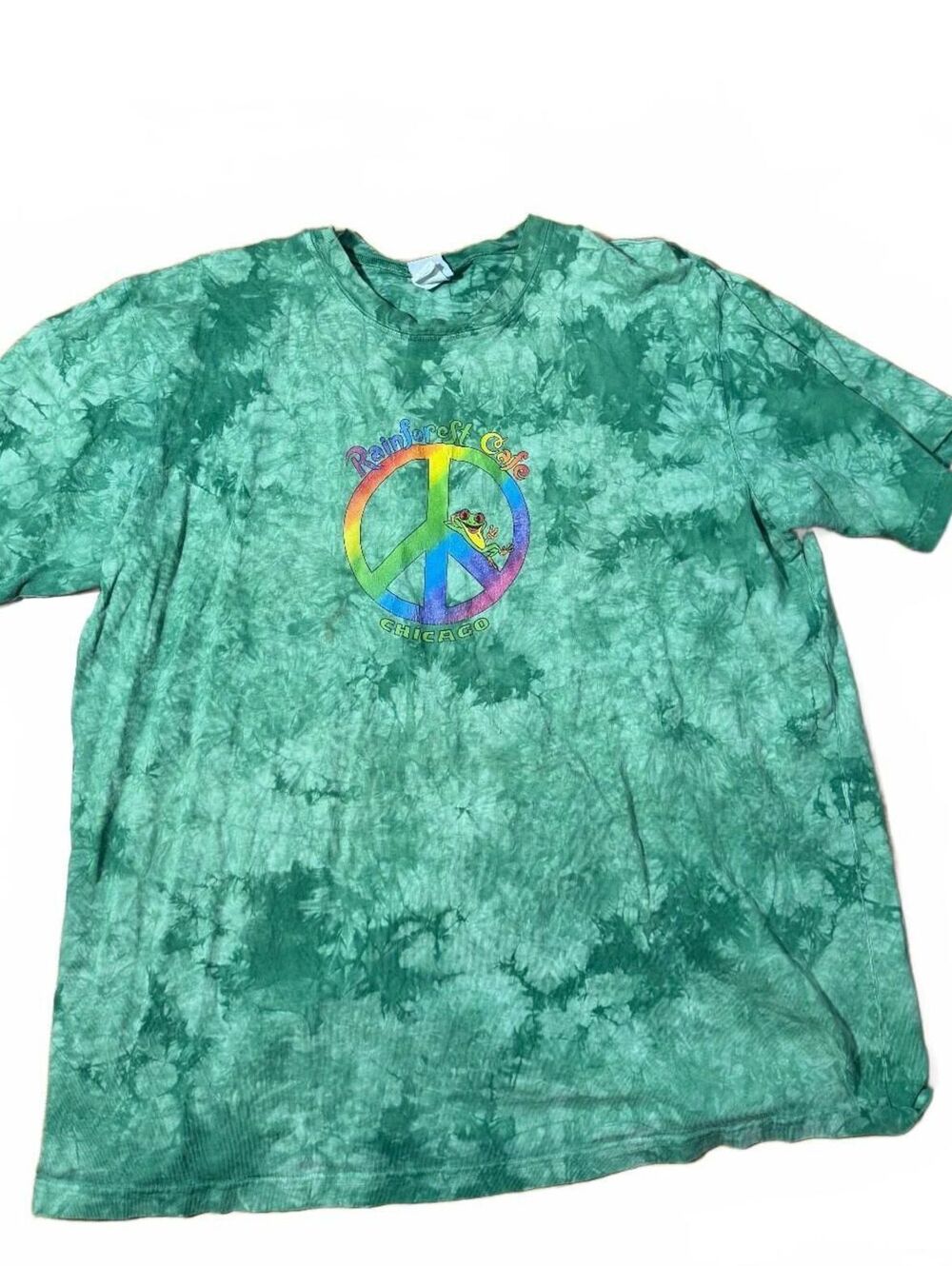 Vintage Rainforest Cafe Green Tie Dye Peace Sign Tee Size XXL